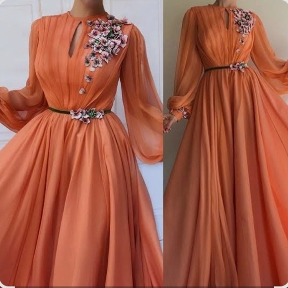 Orange Embellished Pleated Long Sleeve Gown - Picture 2 of 16